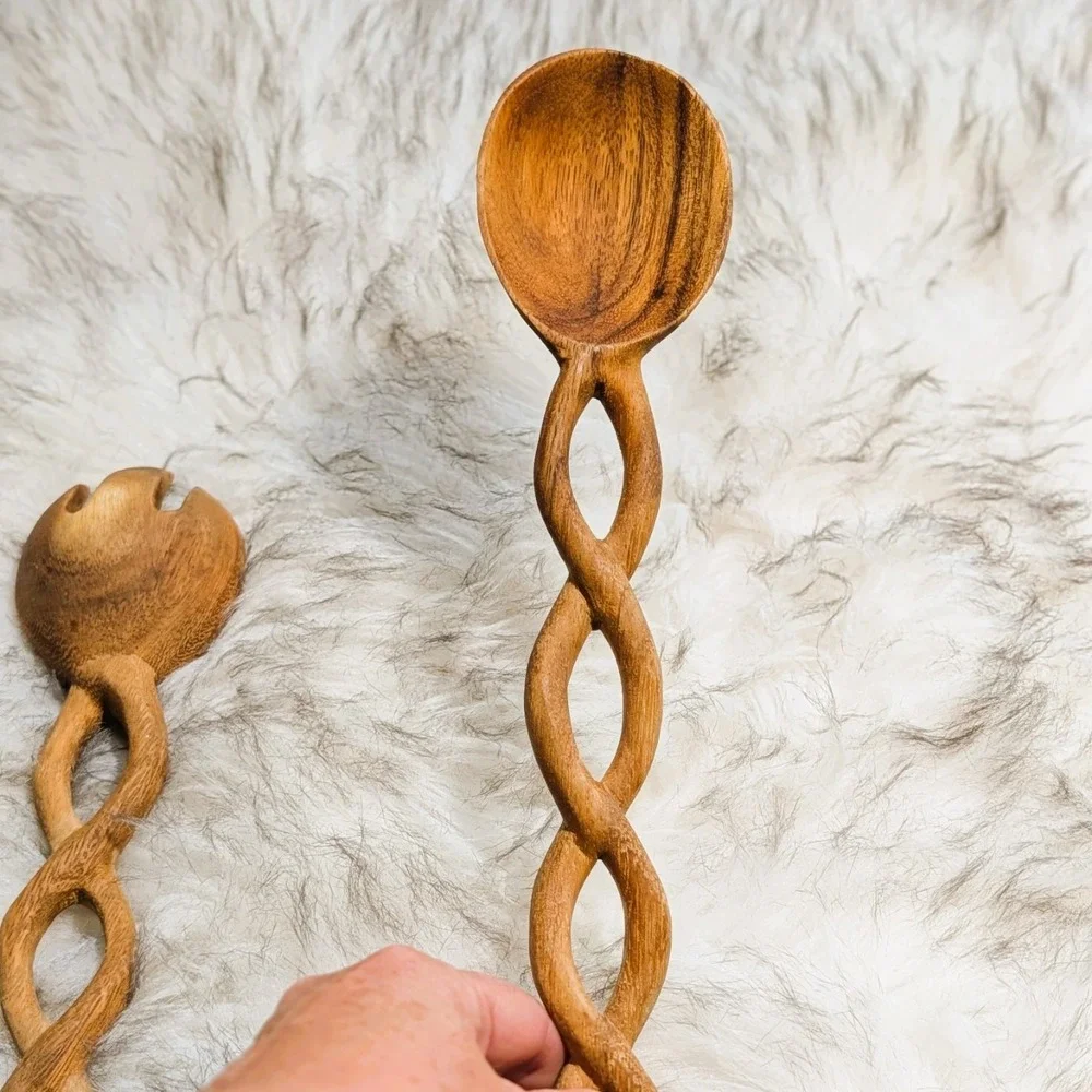 Unique Interconnected Handcrafted Wooden Salad Serving Set: Fork & Spoon